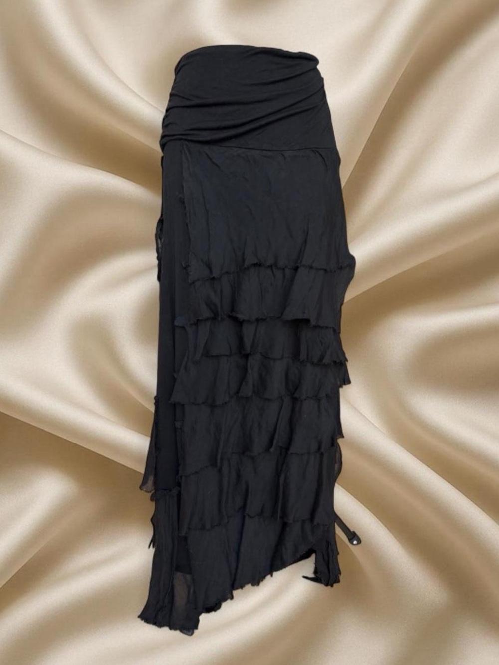Euro Asymmetric Black Tiered Ruffle Maxi Skirt